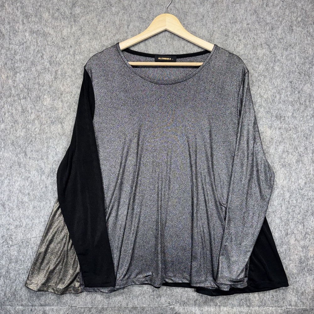 Alembika Long Sleeve Tunic Top‎ Women's 3 Glimmer Glitter Sheer Gray Metallic